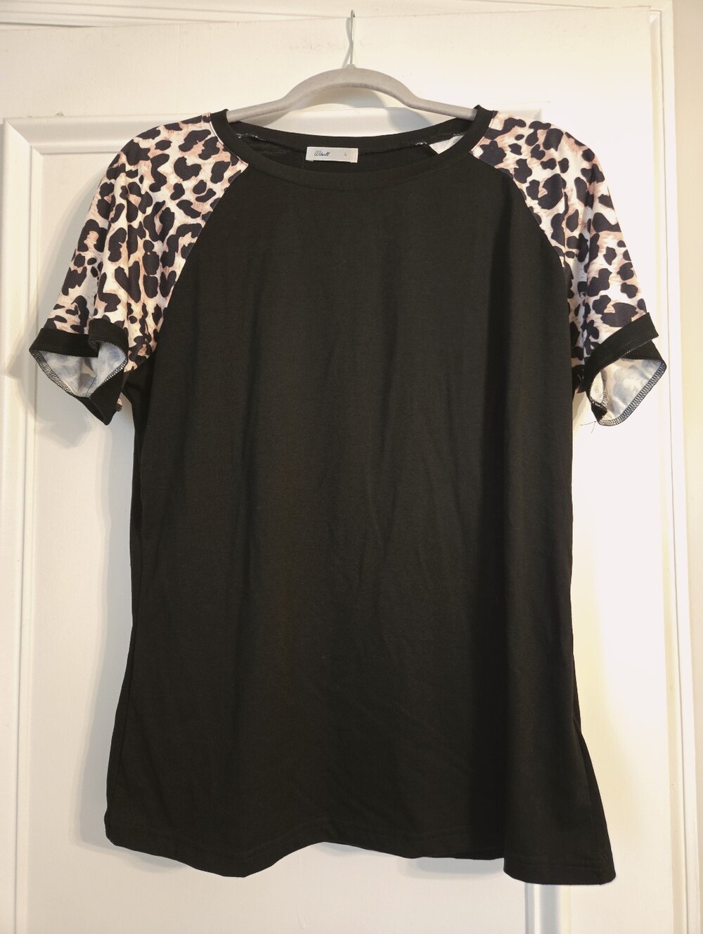 Amazon Black Tee with Pink Leopard Raglan Sleeves - Women Tops
